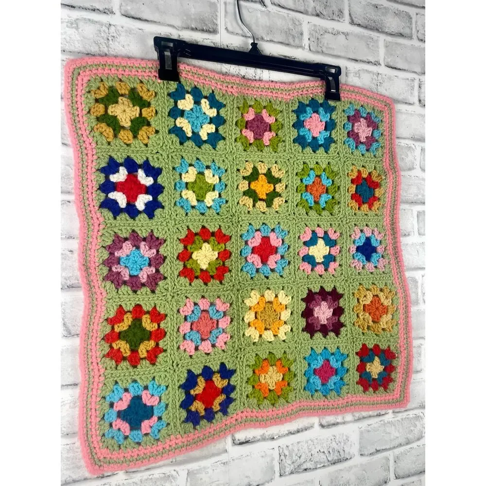 Vintage Crochet Granny Square Doll Blanket Pink Green Stroller Afghan 22x26